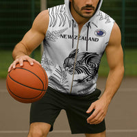 Custom New Zealand Kiwi Football Sleeveless Zip Hoodie Aotearoa Silver Fern - Polynesian Pride