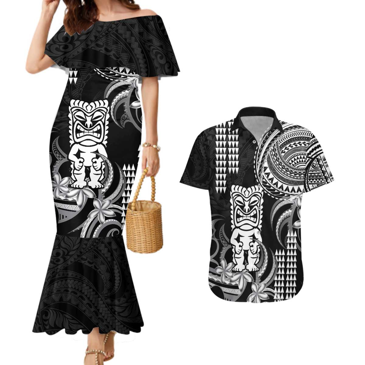 Hawaii Ku God Couples Matching Mermaid Dress and Hawaiian Shirt Kakau Mix Polynesian Tattoo LT14 Black - Polynesian Pride