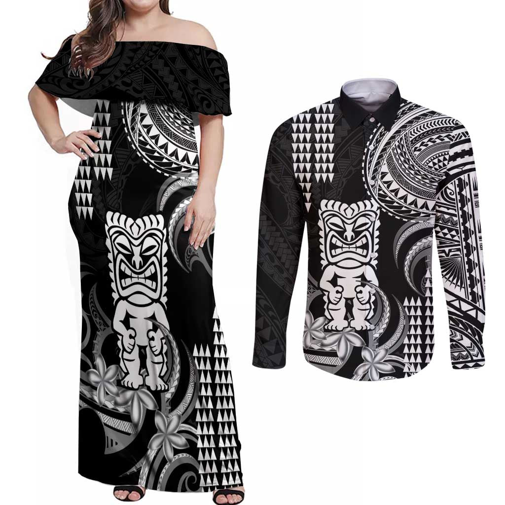 Hawaii Ku God Couples Matching Off Shoulder Maxi Dress and Long Sleeve Button Shirt Kakau Mix Polynesian Tattoo LT14 Black - Polynesian Pride