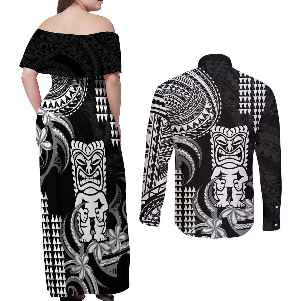 Hawaii Ku God Couples Matching Off Shoulder Maxi Dress and Long Sleeve Button Shirt Kakau Mix Polynesian Tattoo LT14 - Polynesian Pride