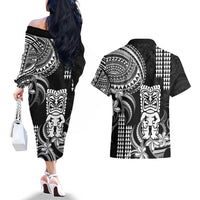Hawaii Ku God Couples Matching Off The Shoulder Long Sleeve Dress and Hawaiian Shirt Kakau Mix Polynesian Tattoo
