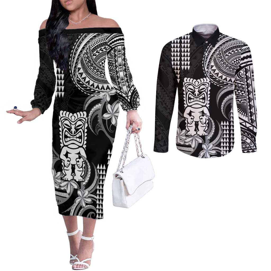 Hawaii Ku God Couples Matching Off The Shoulder Long Sleeve Dress and Long Sleeve Button Shirt Kakau Mix Polynesian Tattoo LT14 Black - Polynesian Pride
