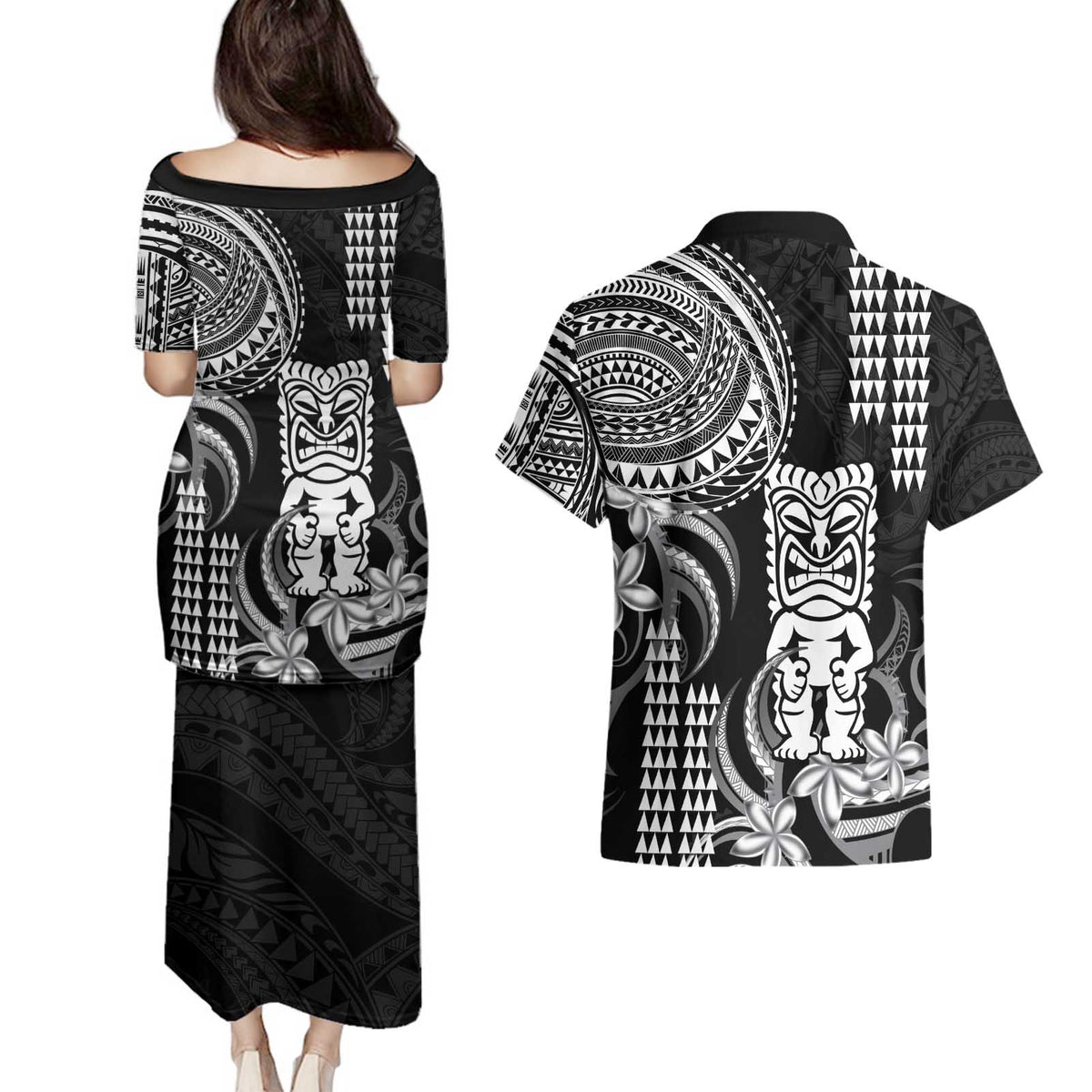 Hawaii Ku God Couples Matching Puletasi and Hawaiian Shirt Kakau Mix Polynesian Tattoo