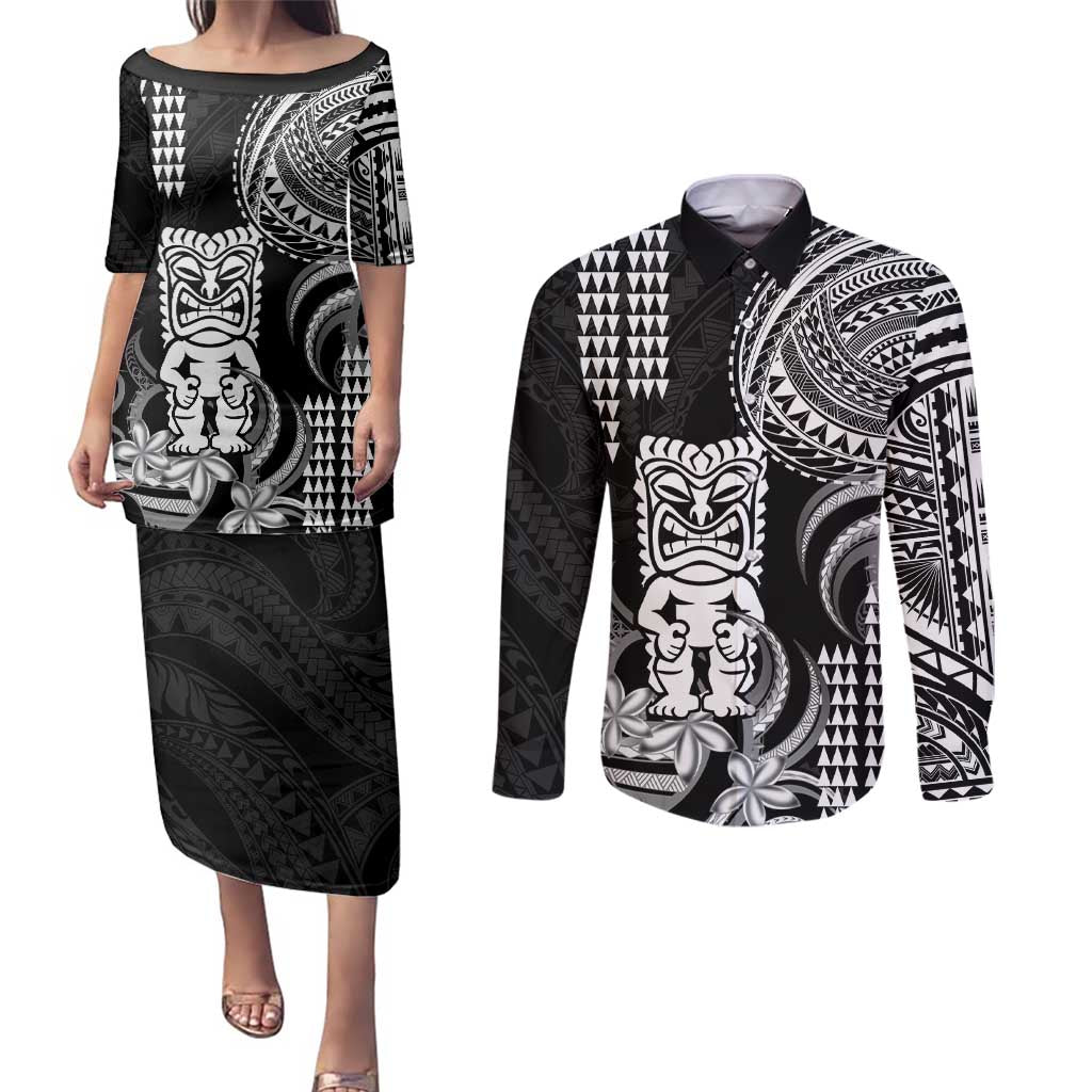 Hawaii Ku God Couples Matching Puletasi and Long Sleeve Button Shirt Kakau Mix Polynesian Tattoo LT14 Black - Polynesian Pride