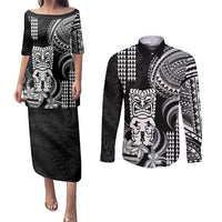 Hawaii Ku God Couples Matching Puletasi and Long Sleeve Button Shirt Kakau Mix Polynesian Tattoo LT14 Black - Polynesian Pride