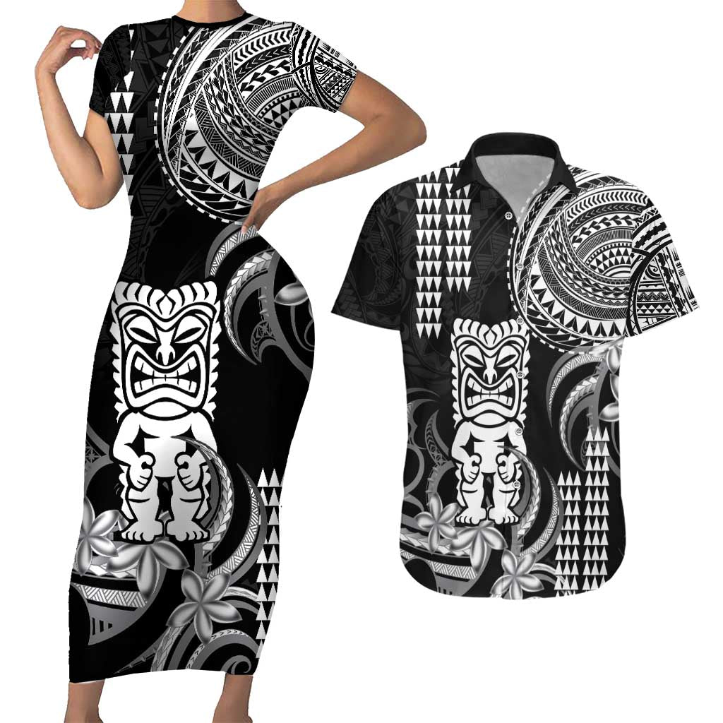 Hawaii Ku God Couples Matching Short Sleeve Bodycon Dress and Hawaiian Shirt Kakau Mix Polynesian Tattoo LT14 Black - Polynesian Pride