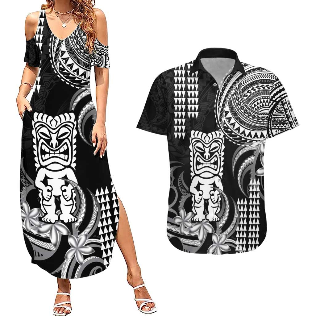 Hawaii Ku God Couples Matching Summer Maxi Dress and Hawaiian Shirt Kakau Mix Polynesian Tattoo LT14 Black - Polynesian Pride