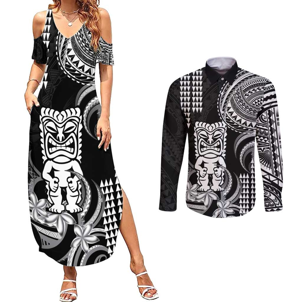 Hawaii Ku God Couples Matching Summer Maxi Dress and Long Sleeve Button Shirt Kakau Mix Polynesian Tattoo LT14 Black - Polynesian Pride