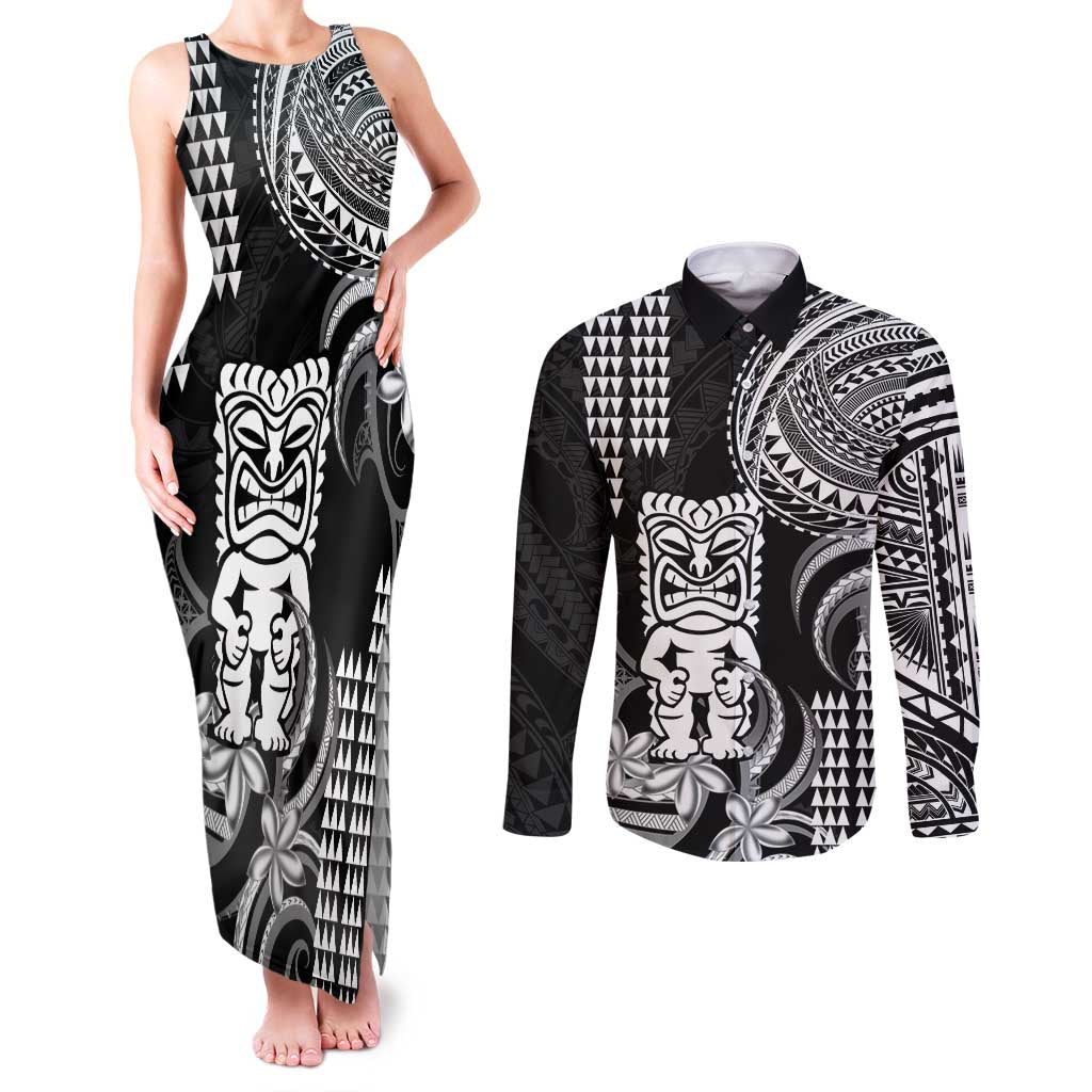 Hawaii Ku God Couples Matching Tank Maxi Dress and Long Sleeve Button Shirt Kakau Mix Polynesian Tattoo LT14 Black - Polynesian Pride