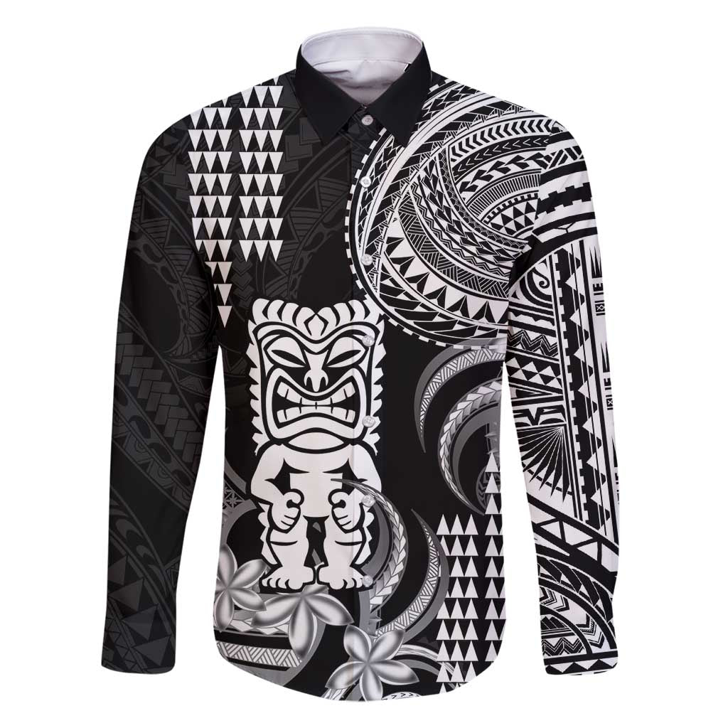 Hawaii Ku God Family Matching Off Shoulder Maxi Dress and Hawaiian Shirt Kakau Mix Polynesian Tattoo LT14 Dad's Shirt - Long Sleeve Black - Polynesian Pride