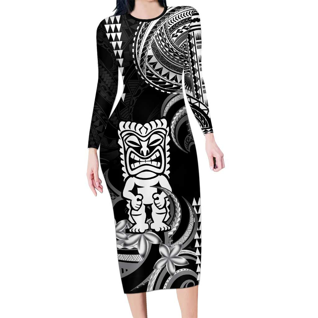 Hawaii Ku God Long Sleeve Bodycon Dress Kakau Mix Polynesian Tattoo