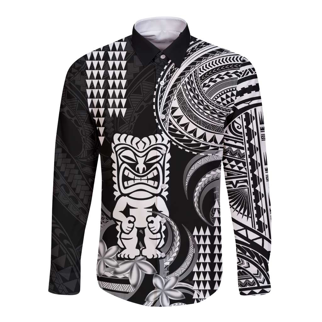 Hawaii Ku God Long Sleeve Button Shirt Kakau Mix Polynesian Tattoo LT14 Unisex Black - Polynesian Pride