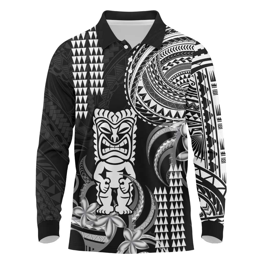 Hawaii Ku God Long Sleeve Polo Shirt Kakau Mix Polynesian Tattoo