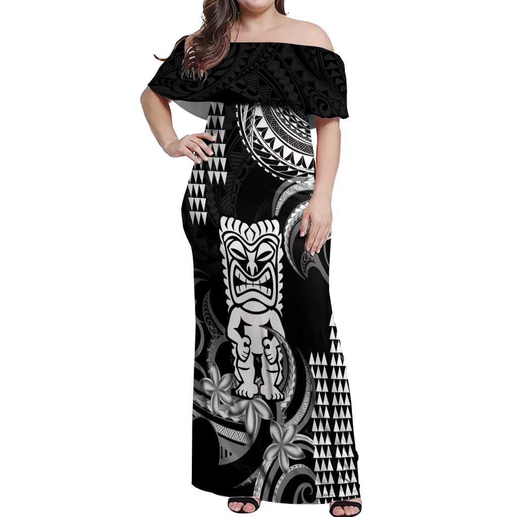 Hawaii Ku God Off Shoulder Maxi Dress Kakau Mix Polynesian Tattoo LT14 Women Black - Polynesian Pride