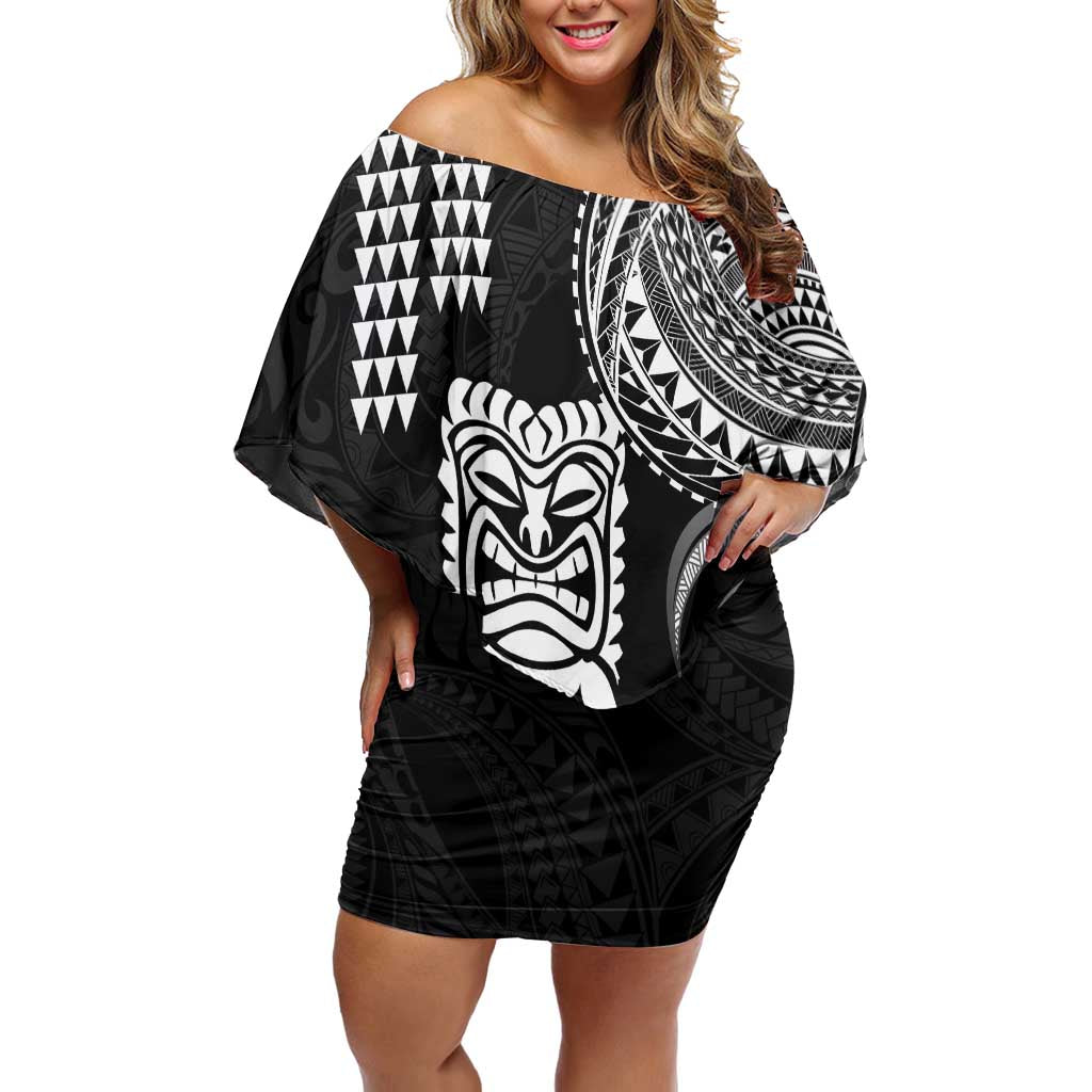 Hawaii Ku God Off Shoulder Short Dress Kakau Mix Polynesian Tattoo LT14 Women Black - Polynesian Pride