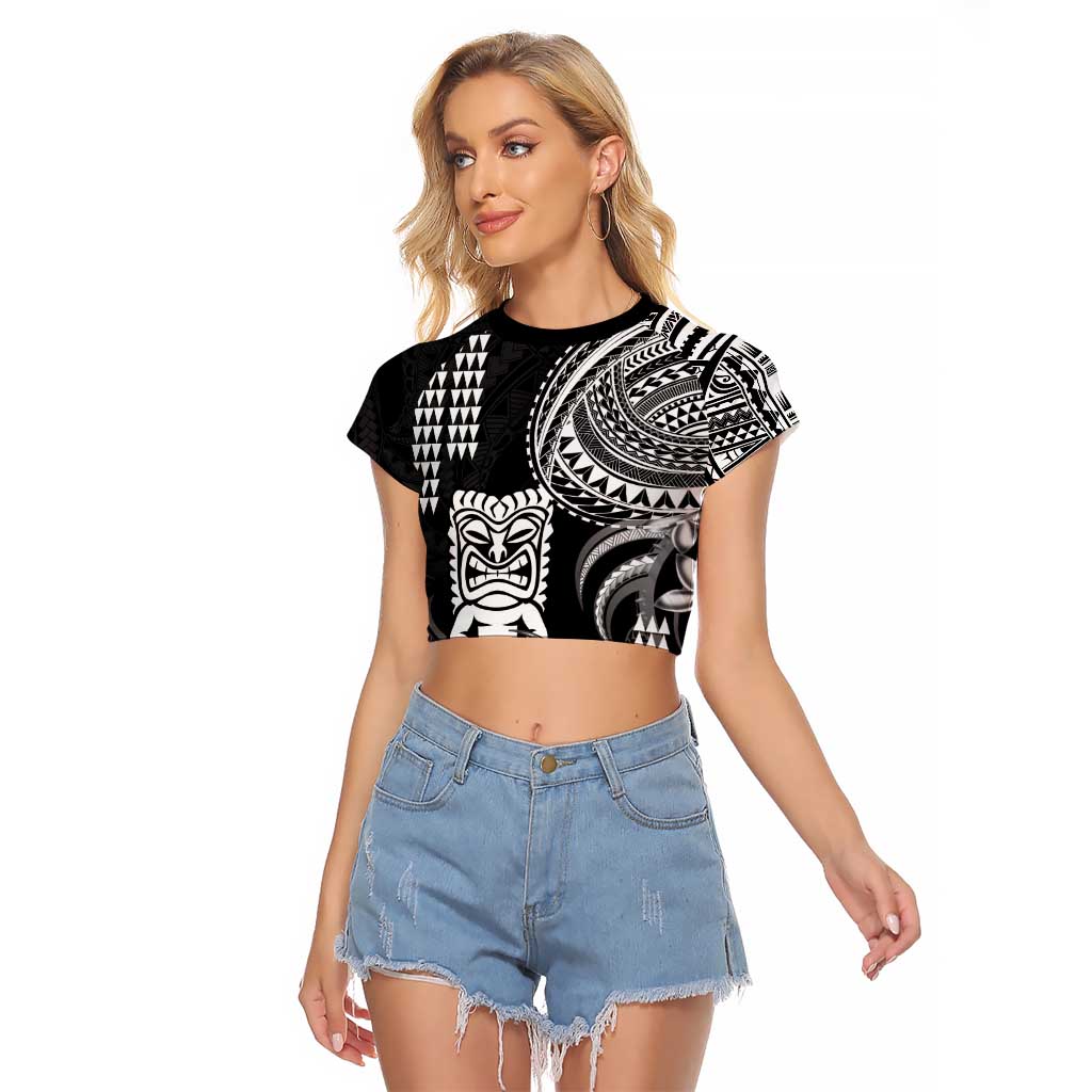 Hawaii Ku God Raglan Cropped T Shirt Kakau Mix Polynesian Tattoo LT14 Female Black - Polynesian Pride