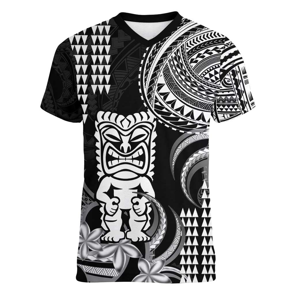 Hawaii Ku God Women V-Neck T-Shirt Kakau Mix Polynesian Tattoo LT14 Female Black - Polynesian Pride