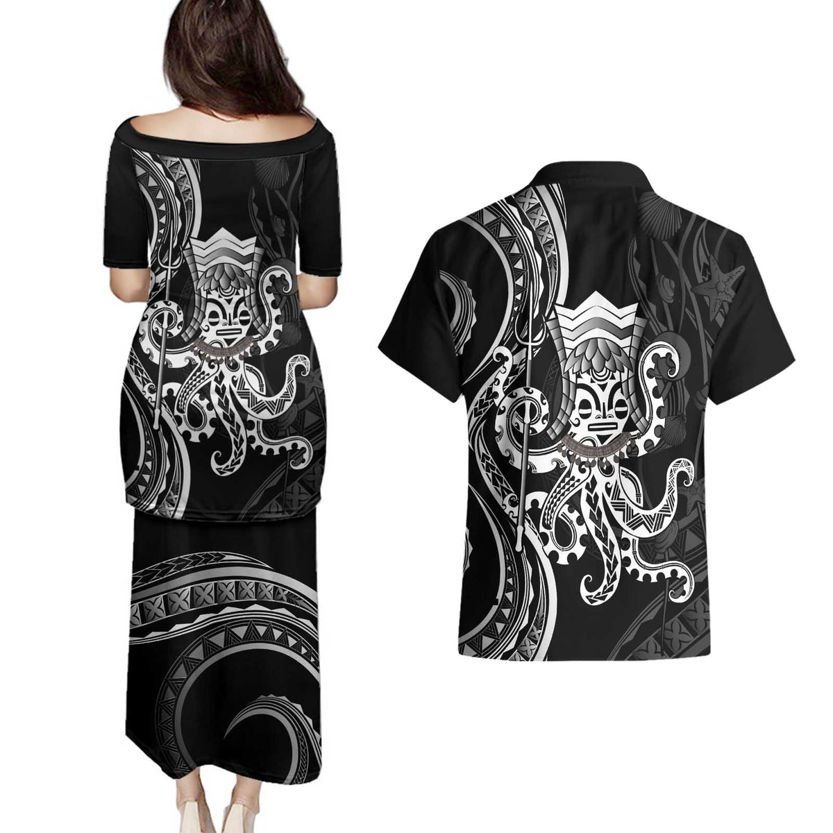 Black Hawaii Kanaloa God Couples Matching Puletasi and Hawaiian Shirt Hawaiian Octopus LT14 - Polynesian Pride