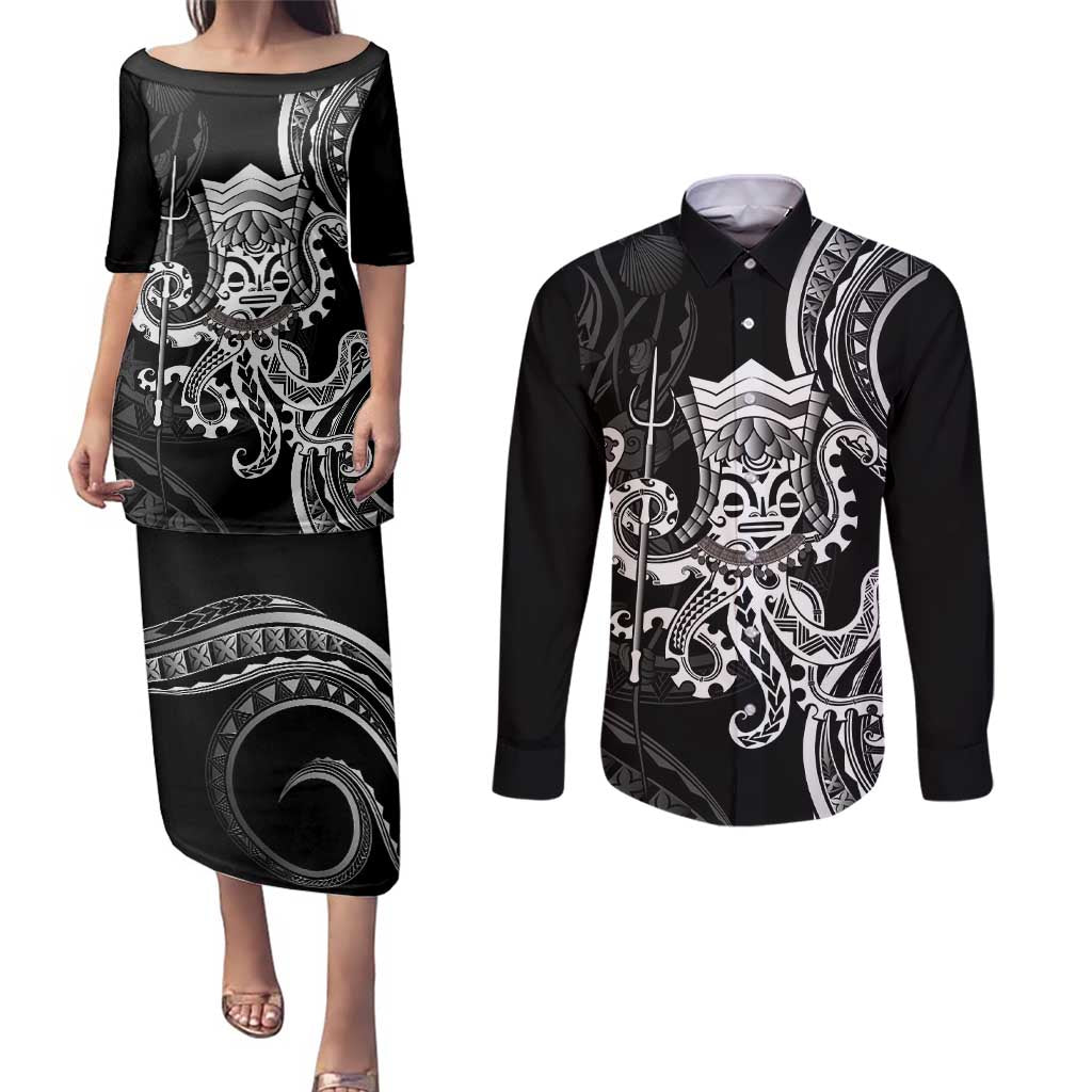 Black Hawaii Kanaloa God Couples Matching Puletasi and Long Sleeve Button Shirt Hawaiian Octopus LT14 Black - Polynesian Pride