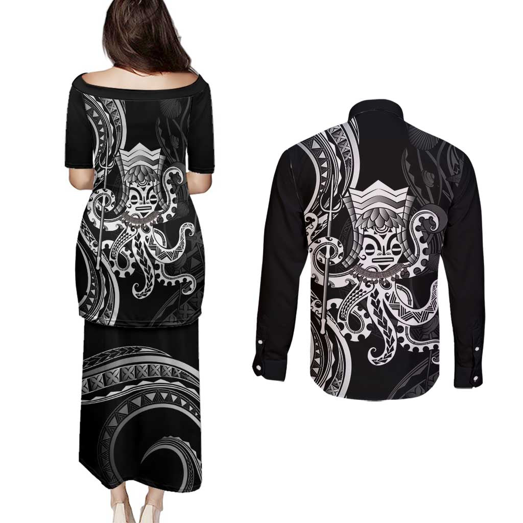Black Hawaii Kanaloa God Couples Matching Puletasi and Long Sleeve Button Shirt Hawaiian Octopus LT14 - Polynesian Pride