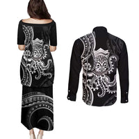 Black Hawaii Kanaloa God Couples Matching Puletasi and Long Sleeve Button Shirt Hawaiian Octopus LT14 - Polynesian Pride