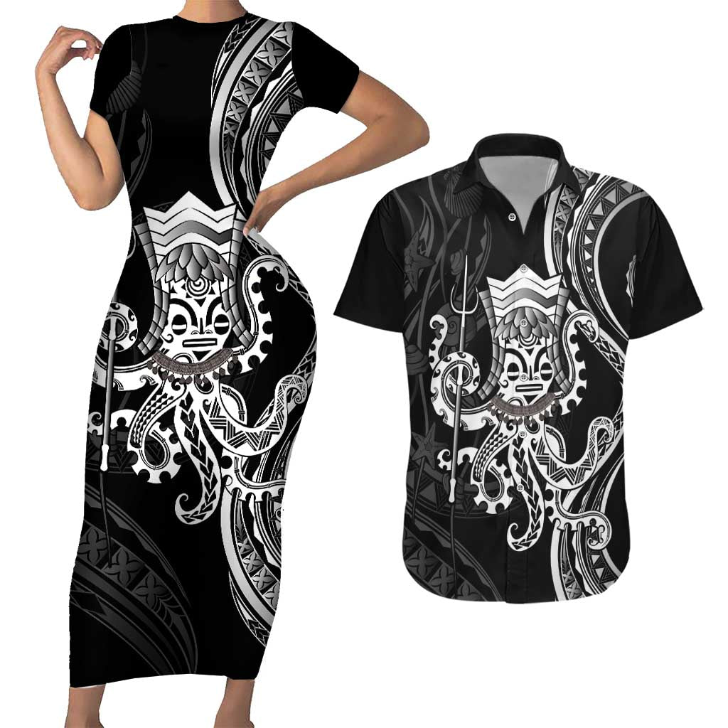 Black Hawaii Kanaloa God Couples Matching Short Sleeve Bodycon Dress and Hawaiian Shirt Hawaiian Octopus LT14 Black - Polynesian Pride