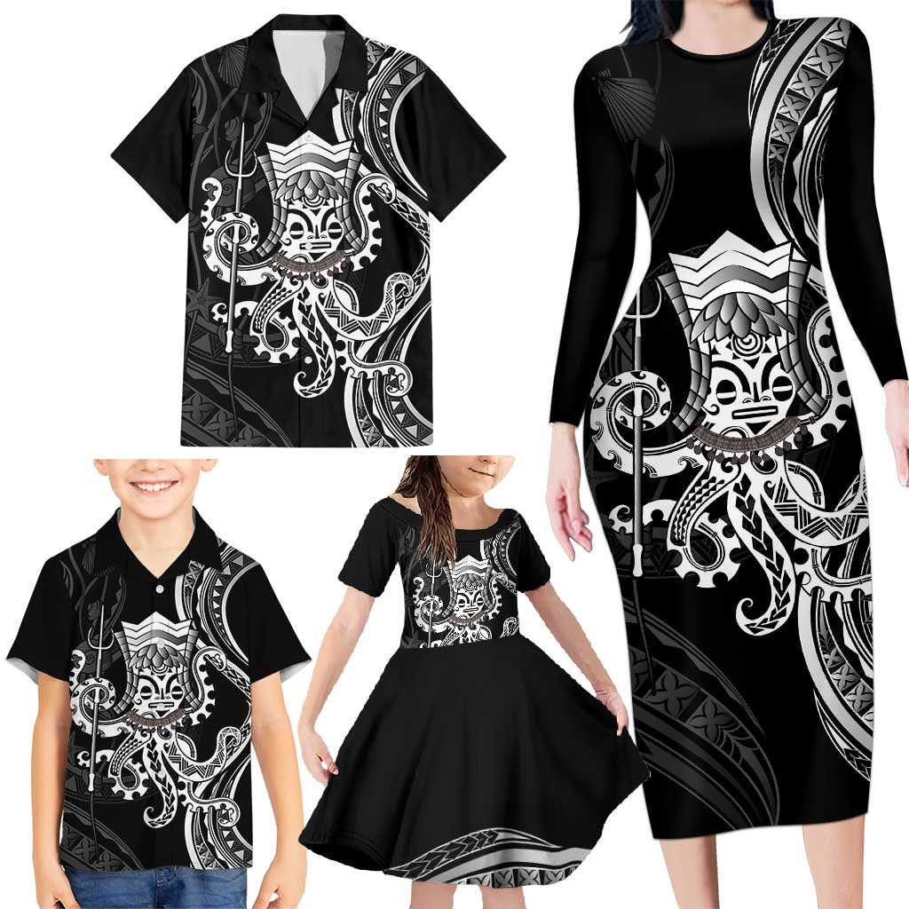 Black Hawaii Kanaloa God Family Matching Long Sleeve Bodycon Dress and Hawaiian Shirt Hawaiian Octopus LT14 - Polynesian Pride