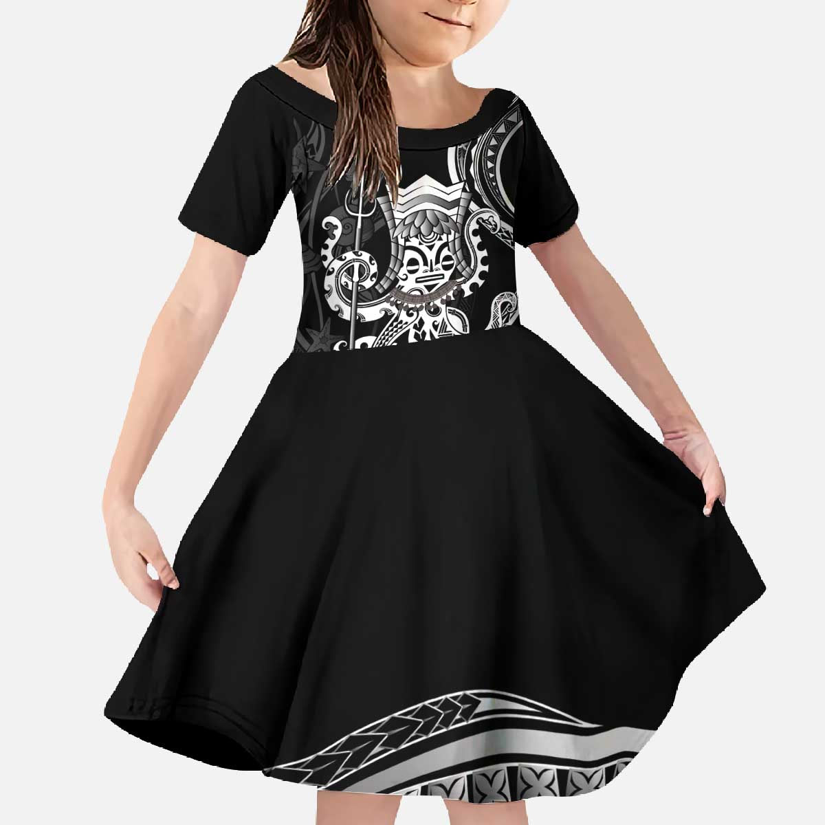 Black Hawaii Kanaloa God Family Matching Off The Shoulder Long Sleeve Dress and Hawaiian Shirt Hawaiian Octopus