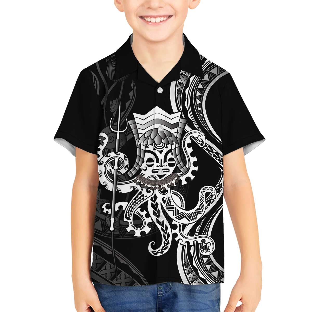 Black Hawaii Kanaloa God Family Matching Off The Shoulder Long Sleeve Dress and Hawaiian Shirt Hawaiian Octopus