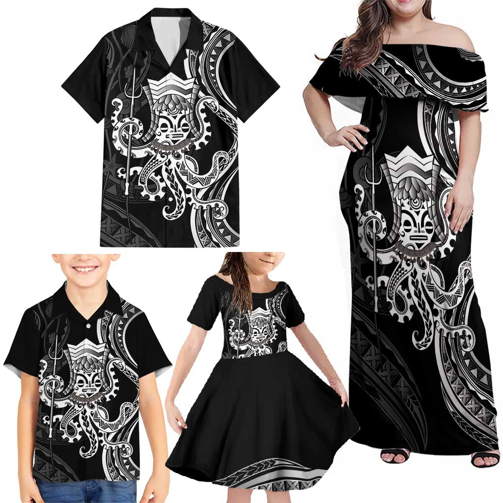 Black Hawaii Kanaloa God Family Matching Off Shoulder Maxi Dress and Hawaiian Shirt Hawaiian Octopus LT14 - Polynesian Pride