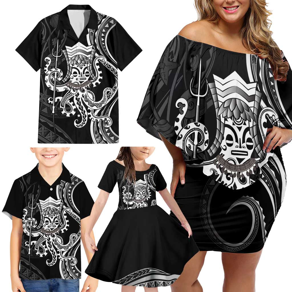 Black Hawaii Kanaloa God Family Matching Off Shoulder Short Dress and Hawaiian Shirt Hawaiian Octopus LT14 - Polynesian Pride