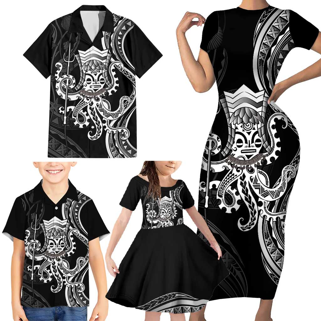 Black Hawaii Kanaloa God Family Matching Short Sleeve Bodycon Dress and Hawaiian Shirt Hawaiian Octopus