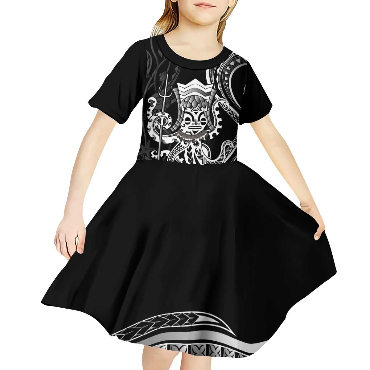 Black Hawaii Kanaloa God Kid Short Sleeve Dress Hawaiian Octopus