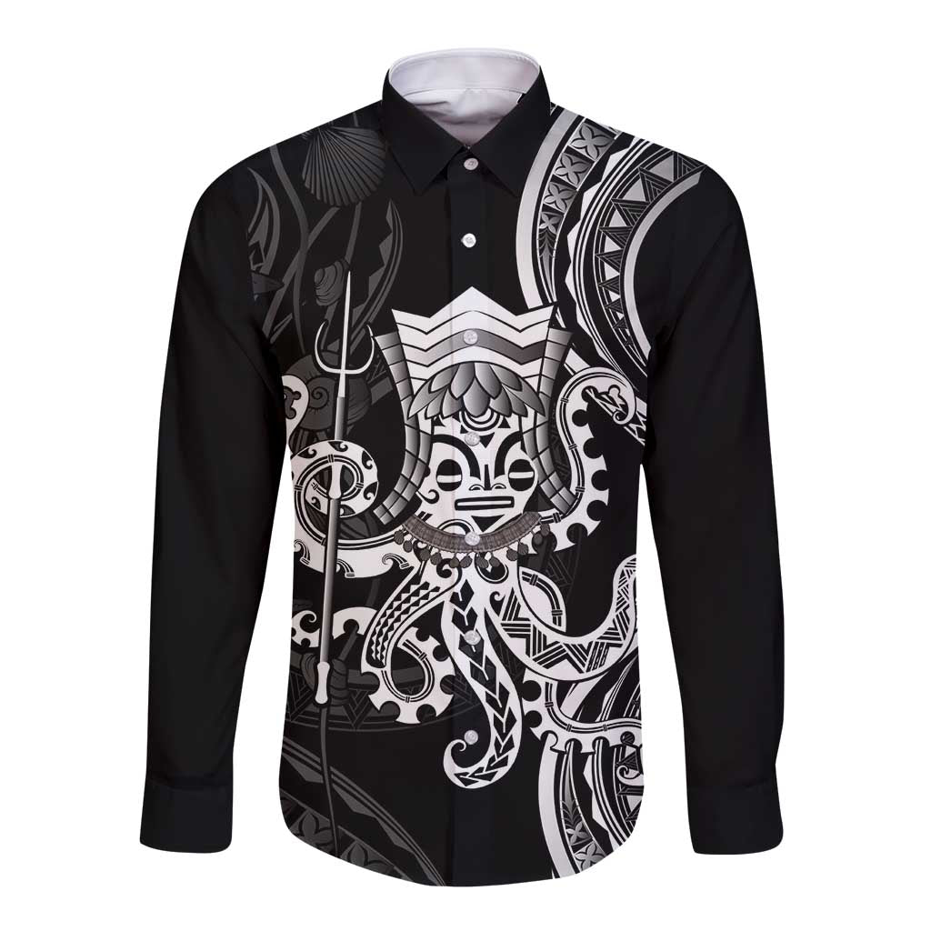 Black Hawaii Kanaloa God Long Sleeve Button Shirt Hawaiian Octopus LT14 Unisex Black - Polynesian Pride