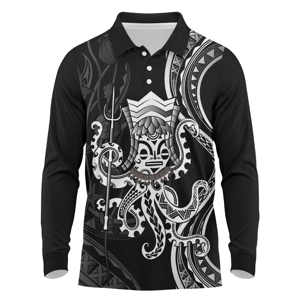 Black Hawaii Kanaloa God Long Sleeve Polo Shirt Hawaiian Octopus