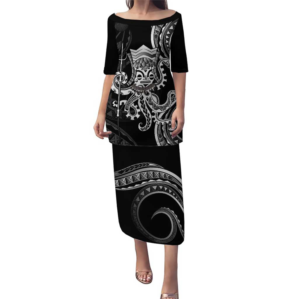 Black Hawaii Kanaloa God Puletasi Hawaiian Octopus LT14 Long Dress Black - Polynesian Pride