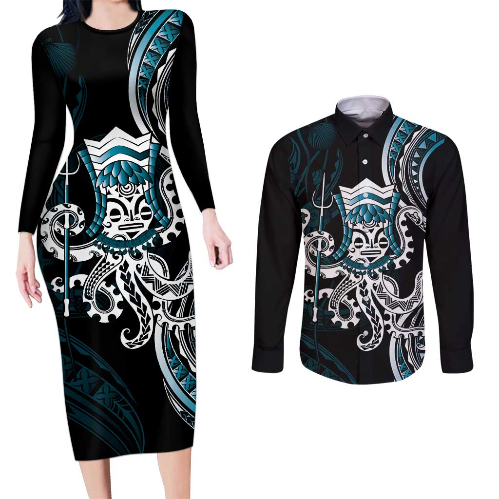 Turquoise Hawaii Kanaloa God Couples Matching Long Sleeve Bodycon Dress and Long Sleeve Button Shirt Hawaiian Octopus LT14 Turquoise - Polynesian Pride