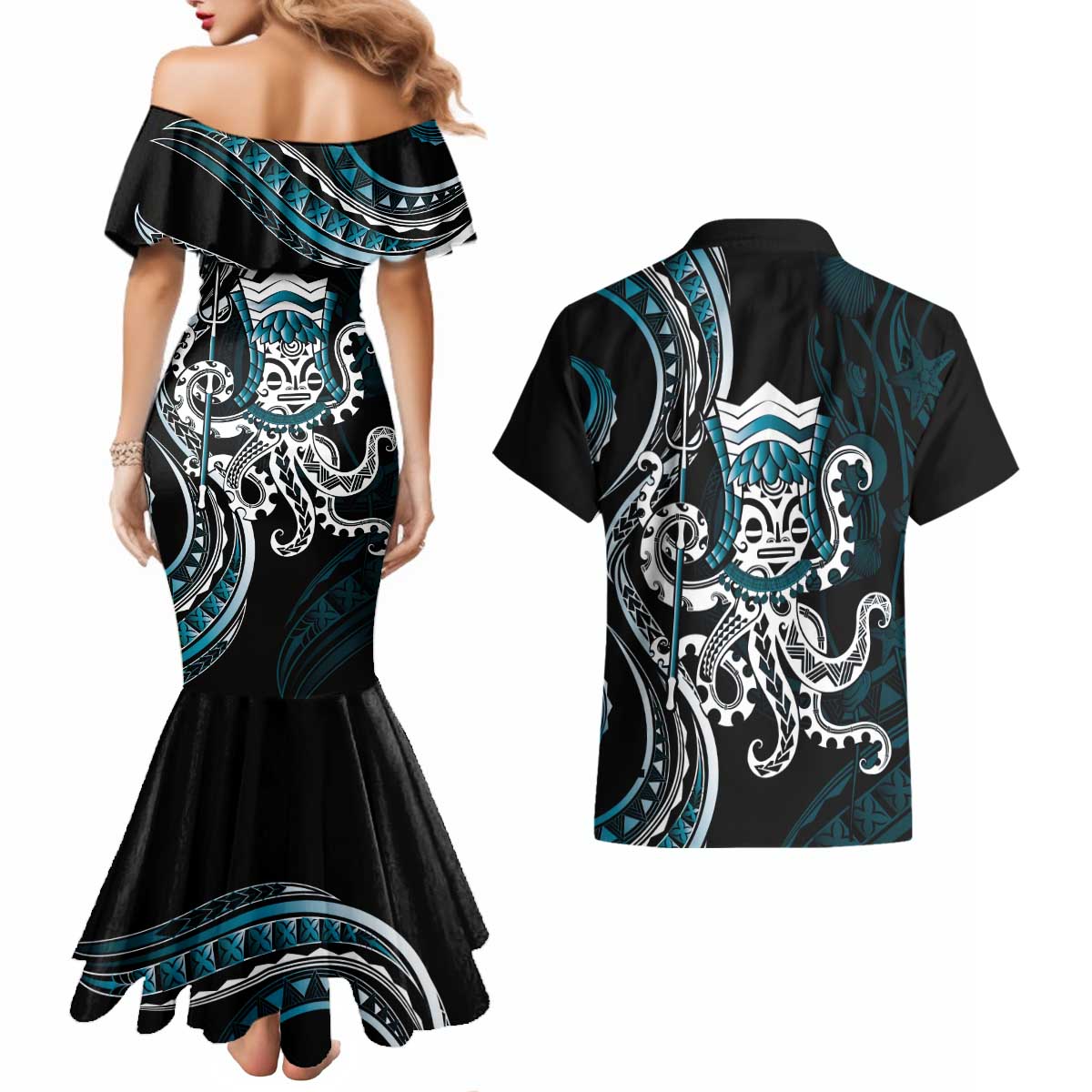 Turquoise Hawaii Kanaloa God Couples Matching Mermaid Dress and Hawaiian Shirt Hawaiian Octopus