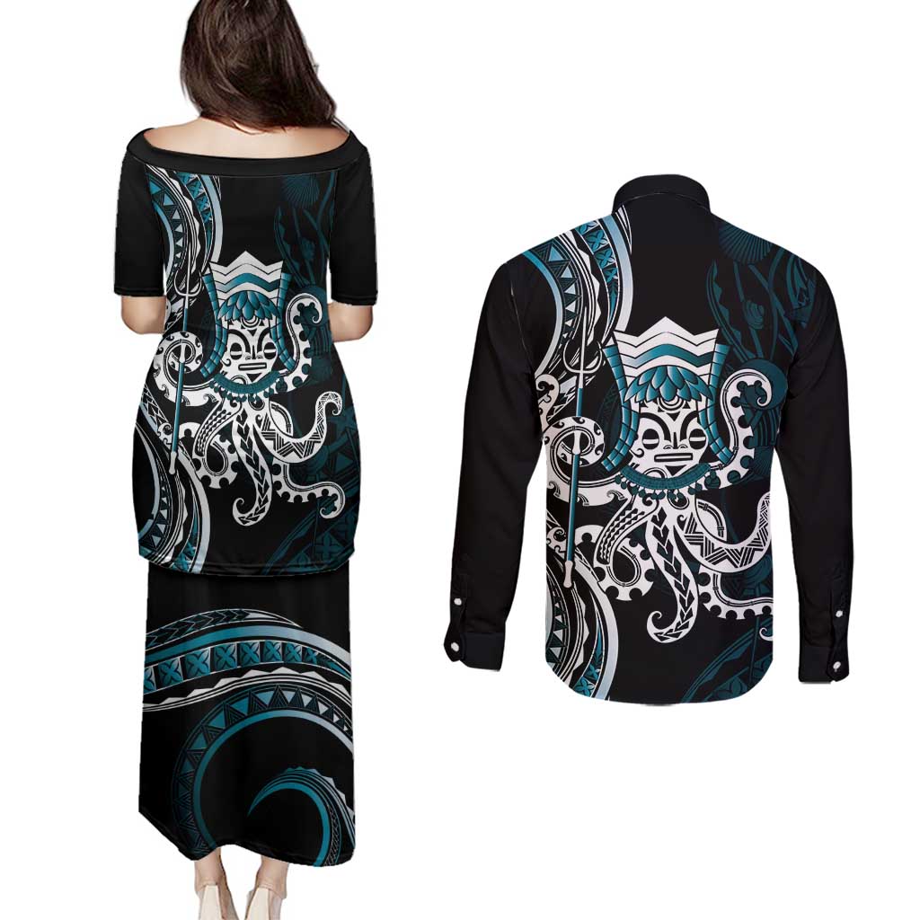 Turquoise Hawaii Kanaloa God Couples Matching Puletasi and Long Sleeve Button Shirt Hawaiian Octopus LT14 - Polynesian Pride