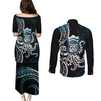 Turquoise Hawaii Kanaloa God Couples Matching Puletasi and Long Sleeve Button Shirt Hawaiian Octopus LT14 - Polynesian Pride