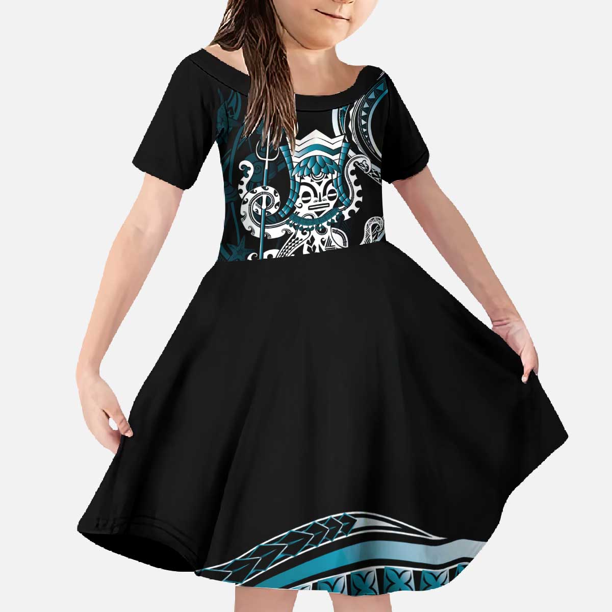 Turquoise Hawaii Kanaloa God Family Matching Off The Shoulder Long Sleeve Dress and Hawaiian Shirt Hawaiian Octopus