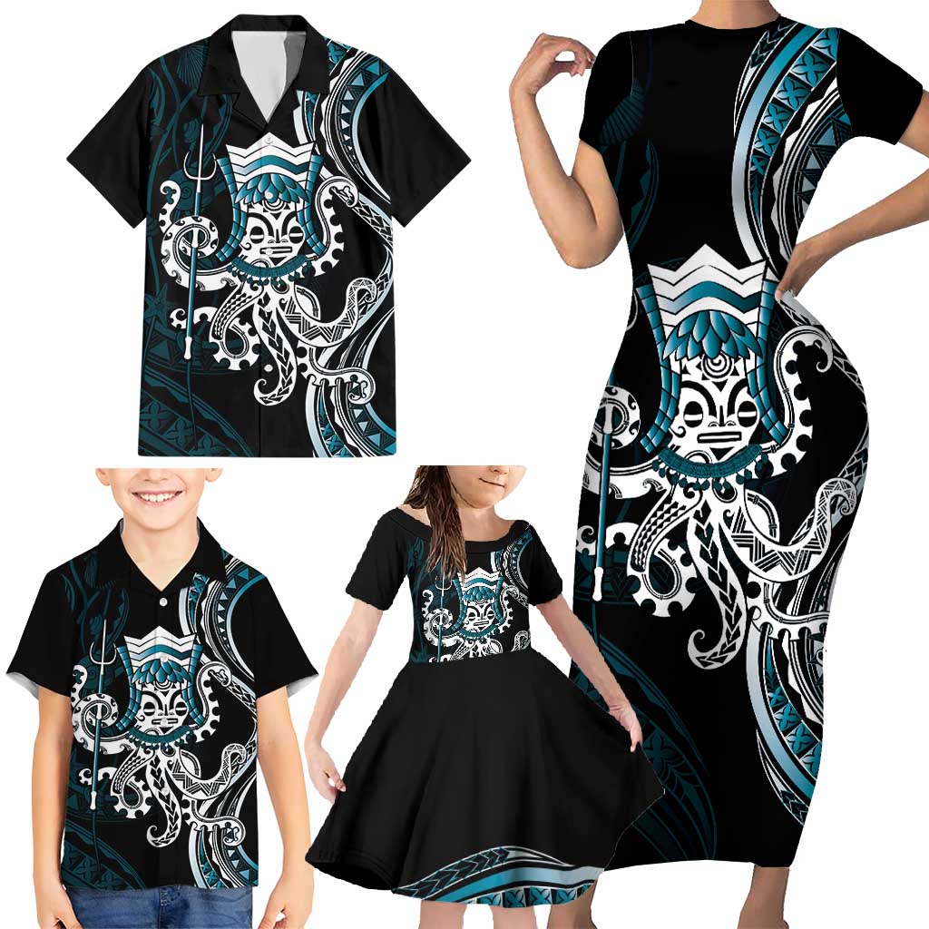 Turquoise Hawaii Kanaloa God Family Matching Short Sleeve Bodycon Dress and Hawaiian Shirt Hawaiian Octopus LT14 - Polynesian Pride