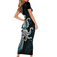 Turquoise Hawaii Kanaloa God Family Matching Short Sleeve Bodycon Dress and Hawaiian Shirt Hawaiian Octopus