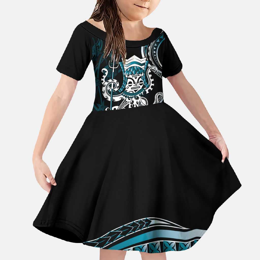 Turquoise Hawaii Kanaloa God Family Matching Summer Maxi Dress and Hawaiian Shirt Hawaiian Octopus LT14 Daughter's Dress Turquoise - Polynesian Pride