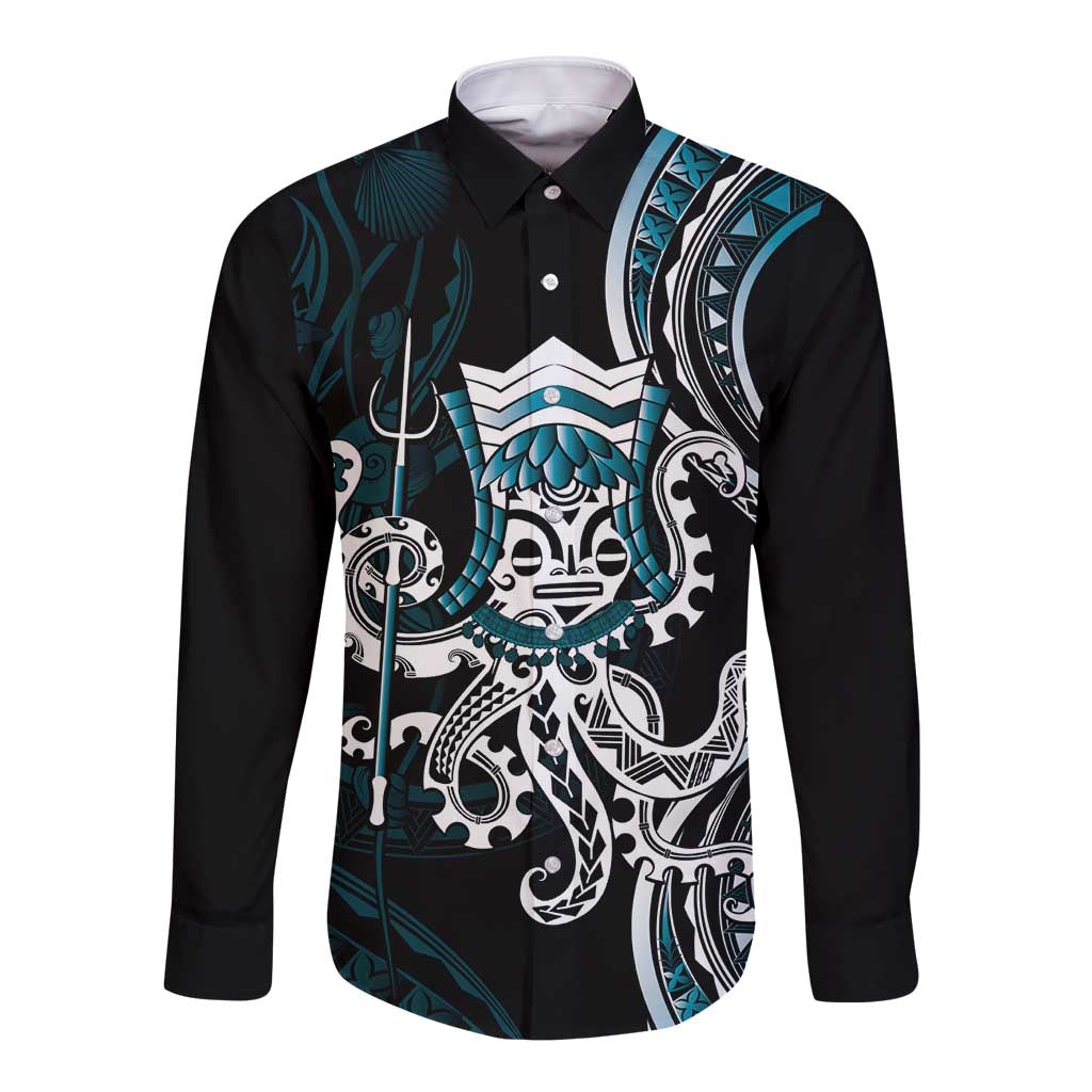 Turquoise Hawaii Kanaloa God Long Sleeve Button Shirt Hawaiian Octopus LT14 Unisex Turquoise - Polynesian Pride