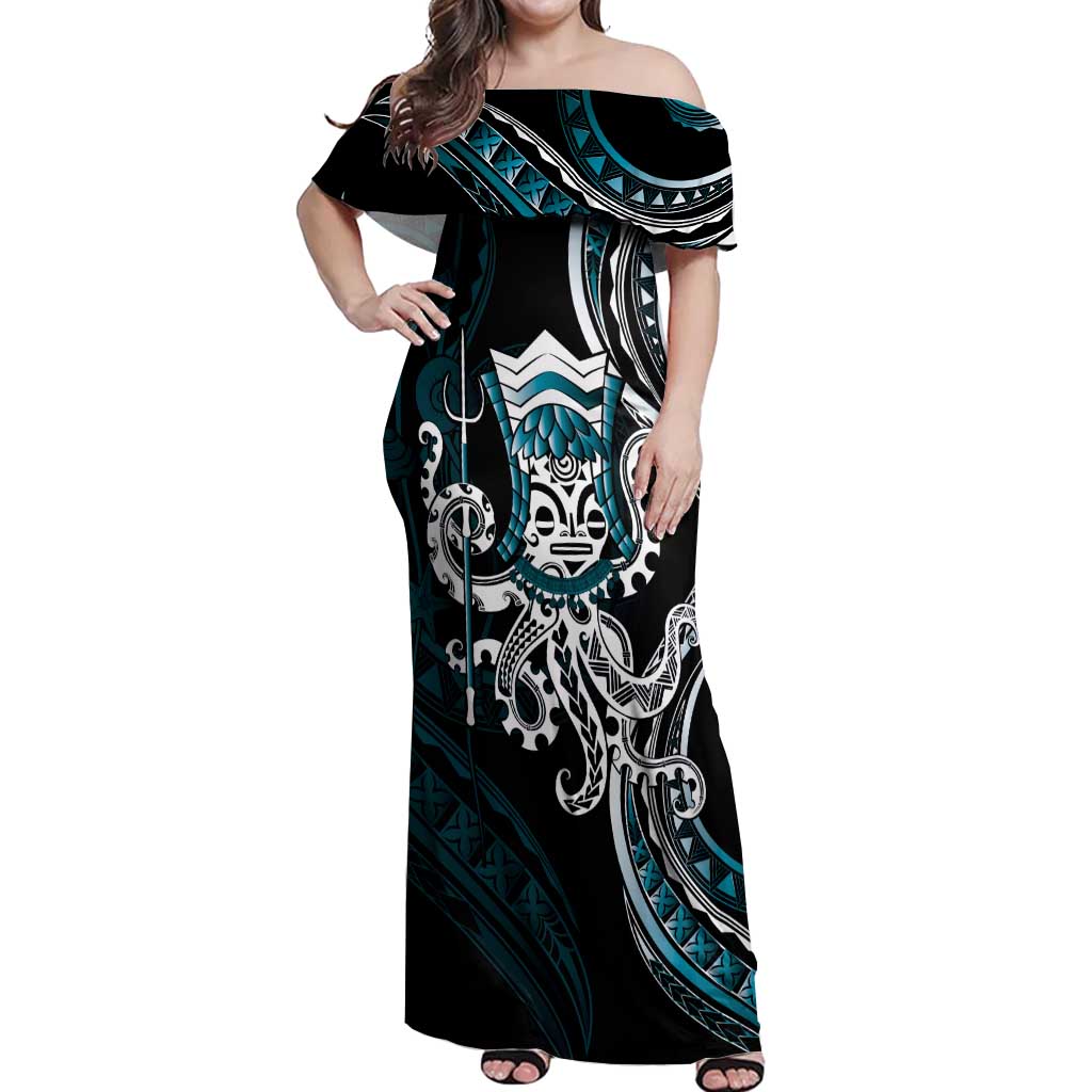 Turquoise Hawaii Kanaloa God Off Shoulder Maxi Dress Hawaiian Octopus LT14 Women Turquoise - Polynesian Pride