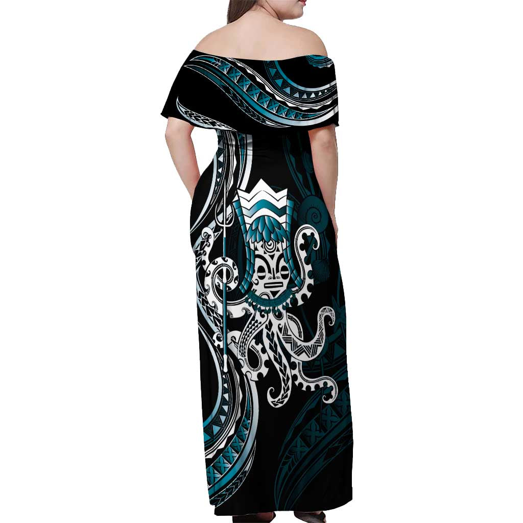 Turquoise Hawaii Kanaloa God Off Shoulder Maxi Dress Hawaiian Octopus LT14 - Polynesian Pride