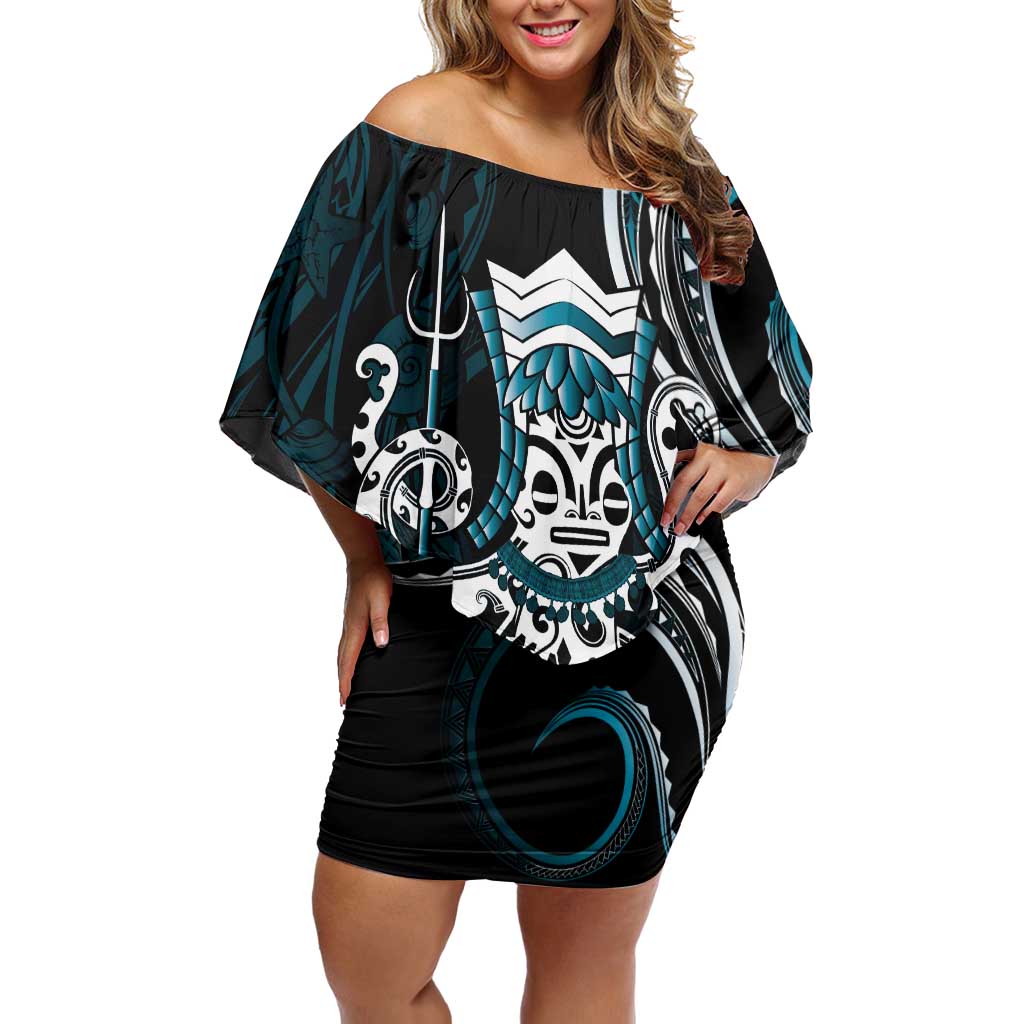 Turquoise Hawaii Kanaloa God Off Shoulder Short Dress Hawaiian Octopus LT14 Women Turquoise - Polynesian Pride