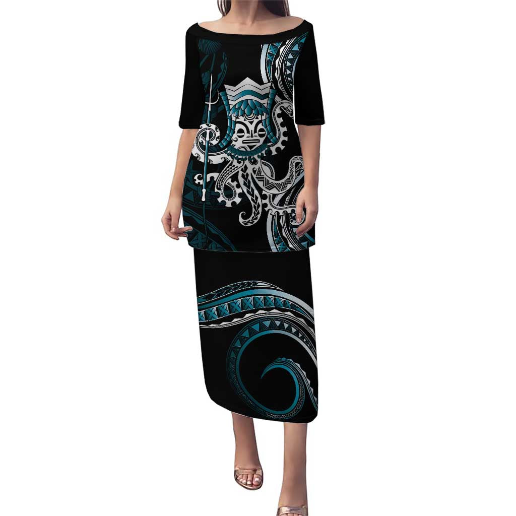 Turquoise Hawaii Kanaloa God Puletasi Hawaiian Octopus LT14 Long Dress Turquoise - Polynesian Pride