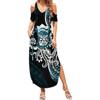 Turquoise Hawaii Kanaloa God Summer Maxi Dress Hawaiian Octopus LT14 Women Turquoise - Polynesian Pride